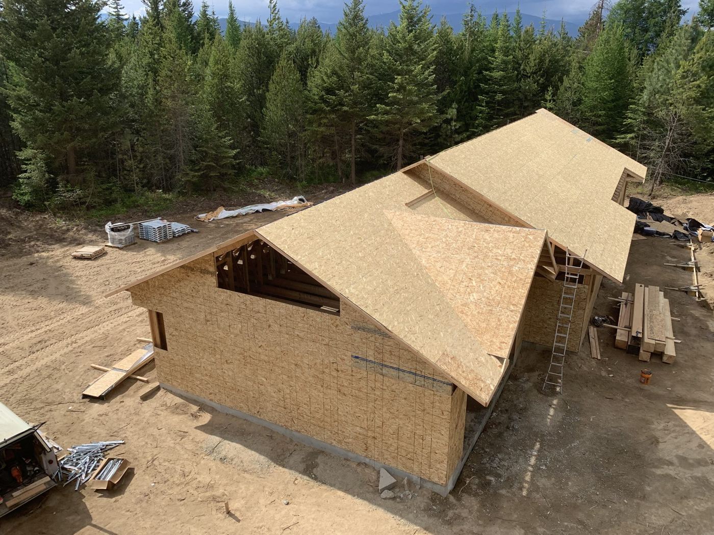 Roof sheathing going on a new house in the trees